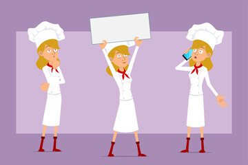 Cartoon flat funny chef cook woman character in white uniform and baker hat. Ready for animation. Girl holding blank sign, thinking and talking on phone. Isolated on violet background. Vector set.