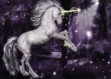 A Unicorn Dancing With Pixies In A Purple Forest.