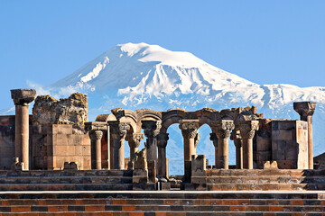 ruins of zvartnots temple with mount ararat in the background, armenia