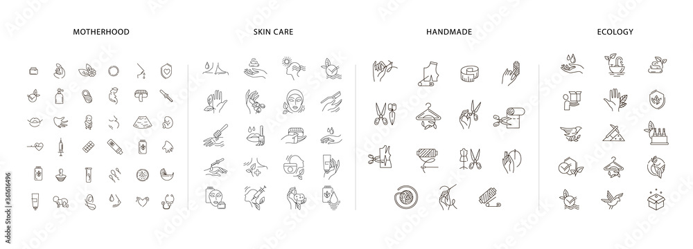 Vector icon and logo collection for pegnancy and gynecology, handmade and natural cosmetics, environmental protection and recycling. Editable outline stroke size. Line flat contour, thin and linear - obrazy, fototapety, plakaty 