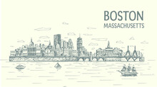 Boston City Skyline With Popular Landmarks Hand Drawn, Sketch Style, Isolated,vector, Illustration
