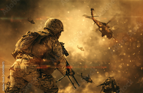 Plakaty wojskowe  sily-wojskowe-i-helikoptery-miedzy-dymem-i-pylem-na-polu-bitwy