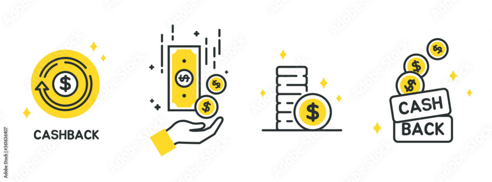 Cashback icon set, Return money, Cash back rebate, Financial services, money refund, return on investment, savings account, currency exchange. Mobile payment for purchases. line symbol. Vector. - obrazy, fototapety, plakaty 