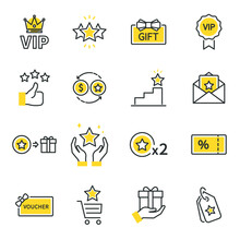 Royalty Program Line Icon Set. Included Icons As Member, VIP, Exclusive, Reward, Voucher, High Level, Gift Cards, Coupon, Outline Icons Set,  Simple Symbol, Badge,  Sign. Flat Vector Thin Line Icon