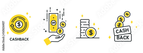 Fotografía Cashback icon set, Return money, Cash back rebate, Financial services, money refund, return on investment, savings account, currency exchange