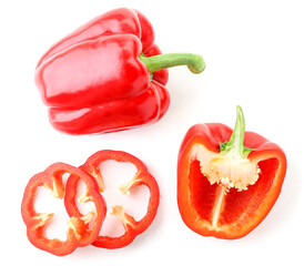 Set of red bell peppers whole, half, rings on a white background, isolated. The view from top