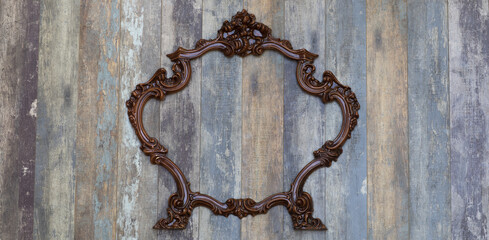 Poster - antique vintage golden mirror on old wooden wall