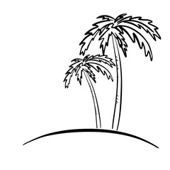 Quality detailed tropical palm tree silhouette vector with leaves. Two palm trees on an island. Vector illustration on white background. For cards, posters, stickers and professional design.