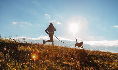 Wall Mural - man runing with his beagle dog at sunny morning. healthy lifestyle and canicross exercises jogging c
