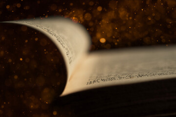 Open pages of an old book with a magic light macro. Shallow depth of field