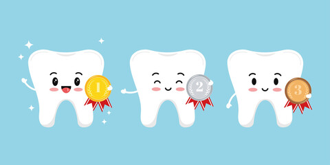 Teeth with medal golden, silver, bronze with laurel branches and red ribbon isolated on white background. White healthy tooth with first, second, third place emblem. Vector flat design illustration.