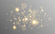 Gold glitter and stars on transparent background. Golden particles with stardust. Magic lights composition. Special light effect. Festive luxury shine. Vector illustration