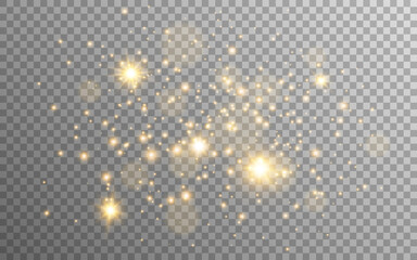 Poster - Gold glitter and stars on transparent background. Golden particles with stardust. Magic lights composition. Special light effect. Festive luxury shine. Vector illustration