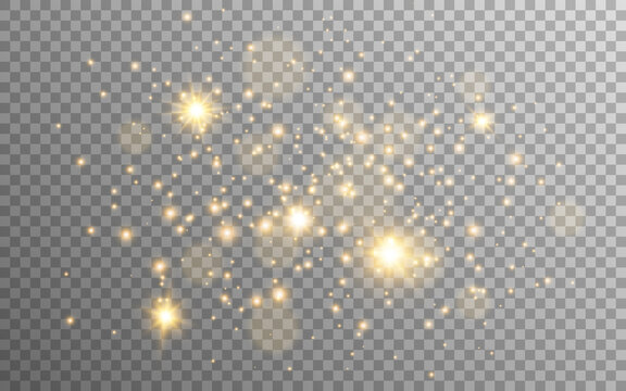 Fototapete - Gold glitter and stars on transparent background. Golden particles with stardust. Magic lights composition. Special light effect. Festive luxury shine. Vector illustration