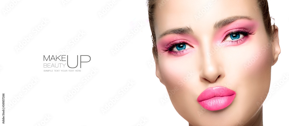 Beauty and Makeup Concept. High fashion model girl with bright pink makeup - obrazy, fototapety, plakaty 