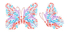 Butterfly Of Red And Blue Flowers. Vector Illustration