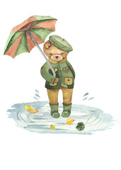 Wall Mural - Watercolor hand painted cute Teddy Bears in autumn clothes, autumn bright leaves, mushrooms, umbrellas.