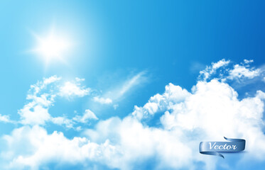 Aufkleber - Blue sky nature background with white  transparent clouds and sun. Vector background.