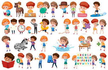 Wall Mural - Large set of children doing different activities on white background