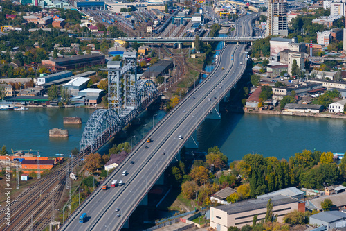 View of the Temernitsky bridge and the railway bridge from the plane, Rostov-on-Don.