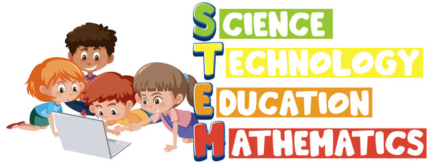 Wall Mural - Stem logo with kids seaching on laptop isolated