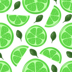  Juicy fresh limes. Fruit Slices. Summer seamless pattern. Vector illustration isolated on white background.