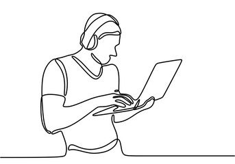 Illustration line drawing of a young man standing uses laptop and wearing earphone to playing game. Lead position looked up on laptop screen hand draw design minimalism style. Vector illustration