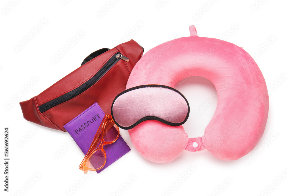 Travel accessories on white background