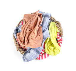 Wall Mural - Basket with dirty clothes on white background