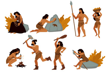 Wall Mural - Tribal people, gatherers and hunters, prehistoric civilizations vector