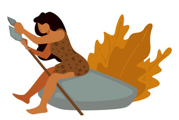 Wall Mural - People during stone age, woman making spear vector