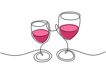 Continuous one line drawing, vector of cheers, two glasses of red wine, party celebration with alcohol. Minimalism design with simplicity hand drawn isolated on white background.