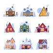© topvectors - Cute Snowy Houses Collection, Suburban Cottage Buildings with Glowing Windows Vector Illustration