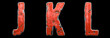 Set of letters J, K, L made of red painted metal isolated on black background. 3d