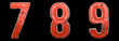 Set of numbers 7, 8, 9 made of red painted metal isolated on black background. 3d