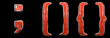 Set of symbols semi-colon, left right braces made of red painted metal isolated on black background. 3d