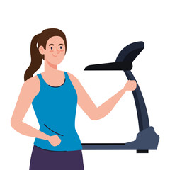 Poster - sport, woman with treadmill, sport person with electrical training machine vector illustration design