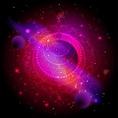 Wall Mural - vector illustration of sacred geometric symbol against the space background with planets and stars. 