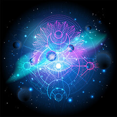 Wall Mural - Vector illustration of Sacred geometric symbol against the space background with galaxy and stars. Mystic sign drawn in lines. Image in blue color.