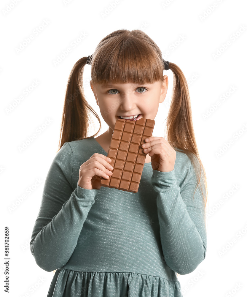 Cute funny girl with chocolate on white background