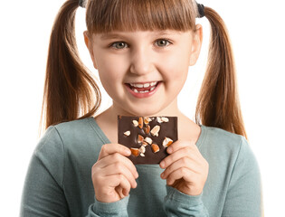 Wall Mural - Cute funny girl with chocolate on white background