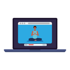 Wall Mural - online, yoga concept, man afro practices yoga and meditation, watching a broadcast on a laptop computer vector illustration design