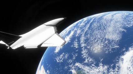 spaceship in orbit of the earth. beautiful science fiction wallpaper with endless deep space, spaceship. 3D render