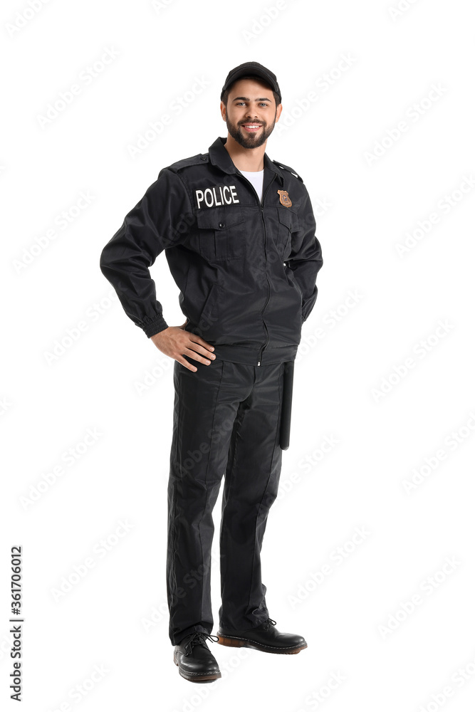 Handsome policeman on white background