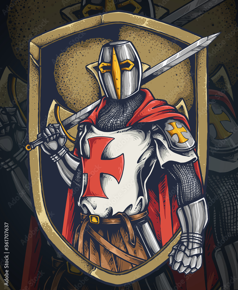 Vector illustration of knight templar with a long sword and shield ready for a battle - obrazy, fototapety, plakaty 