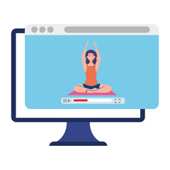 online, yoga concept, woman practices yoga and meditation, watching a broadcast on a computer vector illustration design