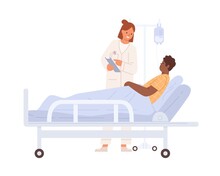 Female Doctor Visit Black Skin Man At Hospital Room Vector Flat Illustration. Male Lying On Bed With Dropper During Treatment At Clinic Isolated On White. Medical Personnel Consulting Patient
