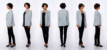 20s Asian Woman Black Short Curl Hair Gray Suit Jacket Pant Profile
