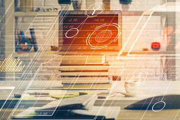 multi exposure of desktop computer and technology theme hologram. concept of software development.