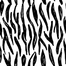 Seamless Pattern Black White Zebra Tiger Fur Design, Abstract Simple Lines Scandinavian Style Background Grunge Texture. Trend Of The Season. Can Be Used For Gift Wrap Fabrics, Wallpapers. Vector